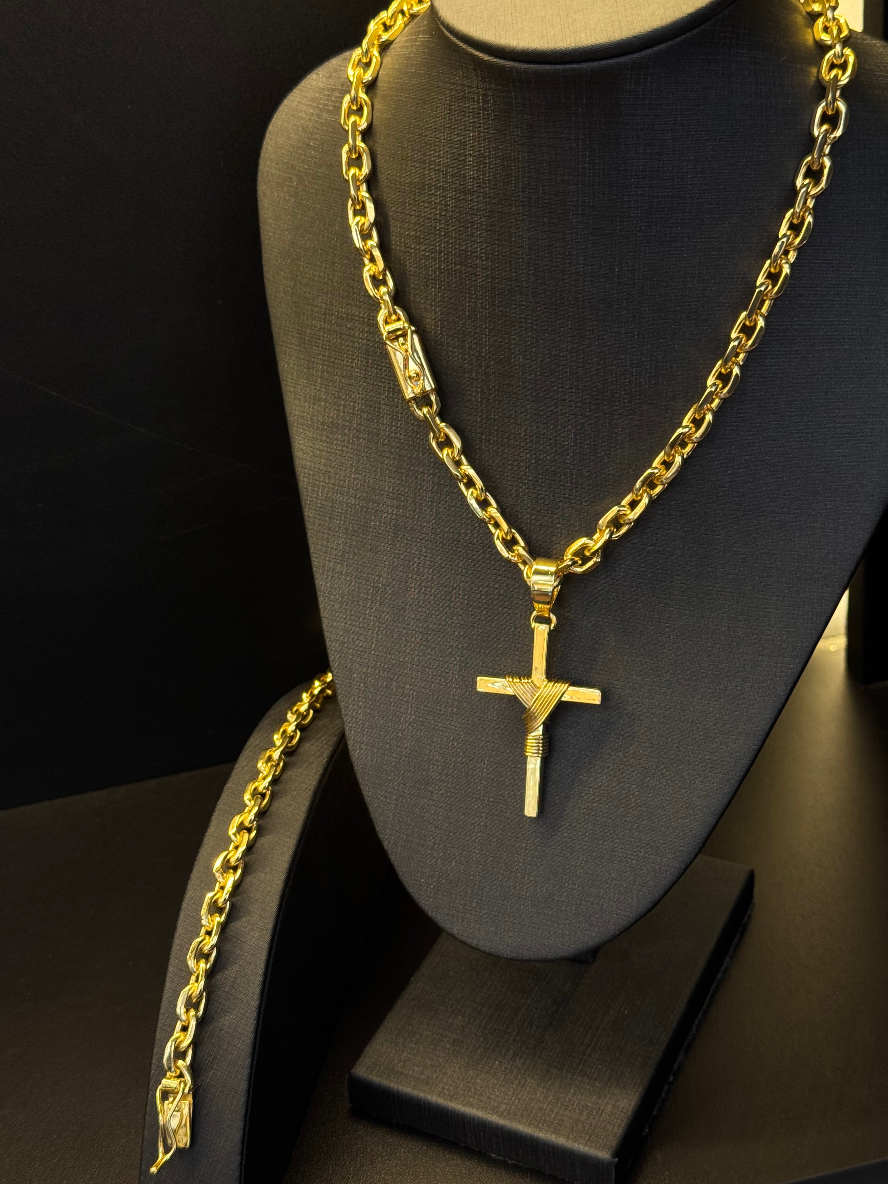 KIT CADEADO 8MM CORRENTE + Pulseira + Pingente | BANHADO A OURO 18k