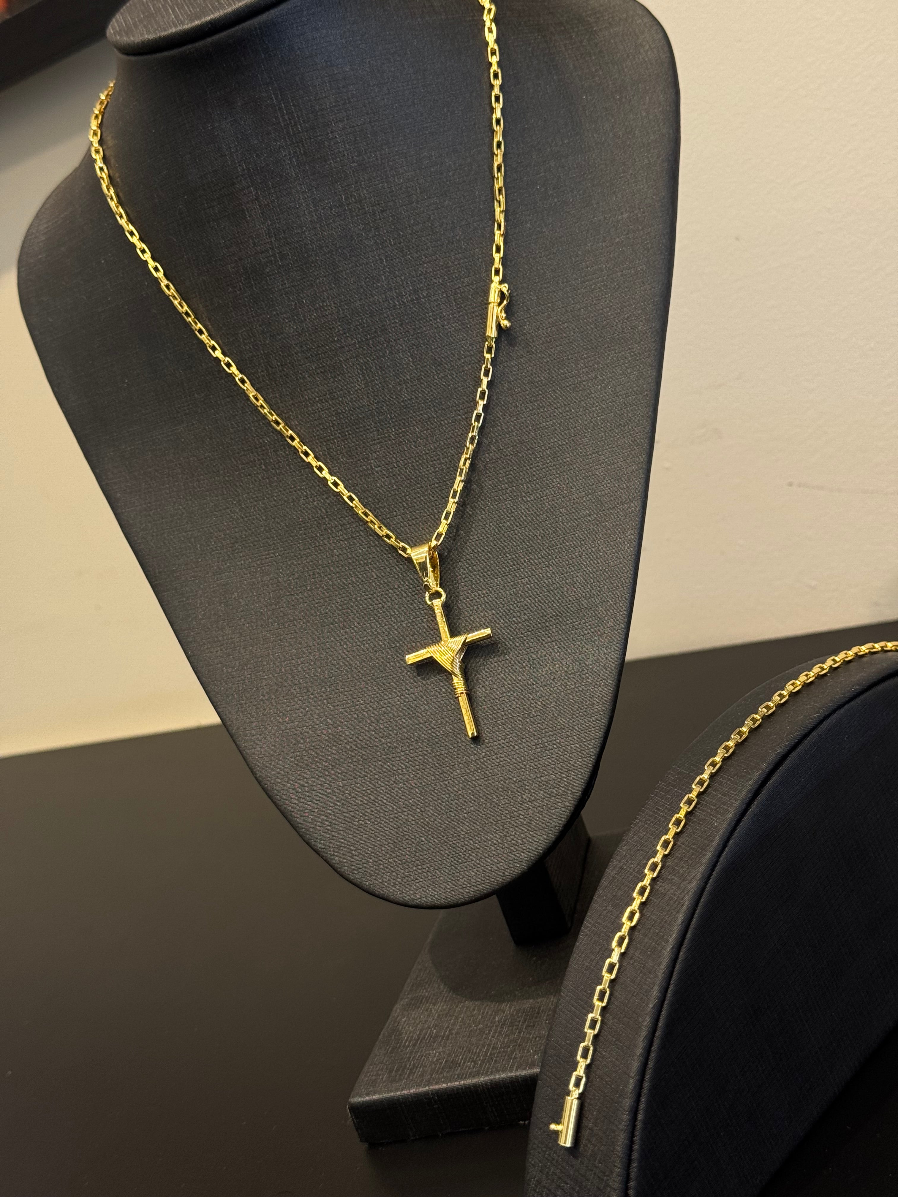 Kit Corrente e Pulseira Tijolinho Curta 3 mm – Banhado a Ouro 18K