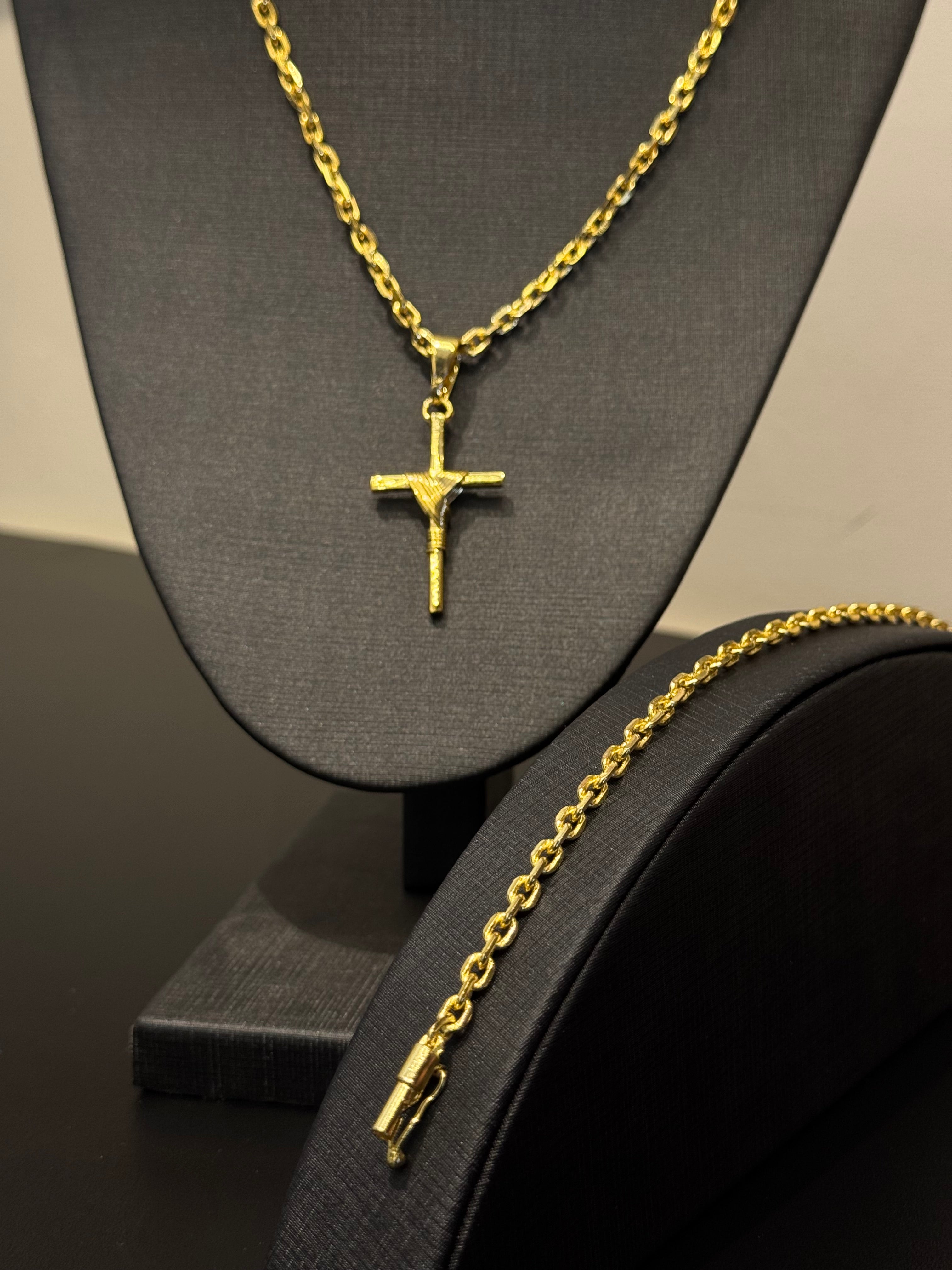 Kit Corrente e Pulseira Cadeado 3mm + Cruz Amarrada Banhado a Ouro 18k