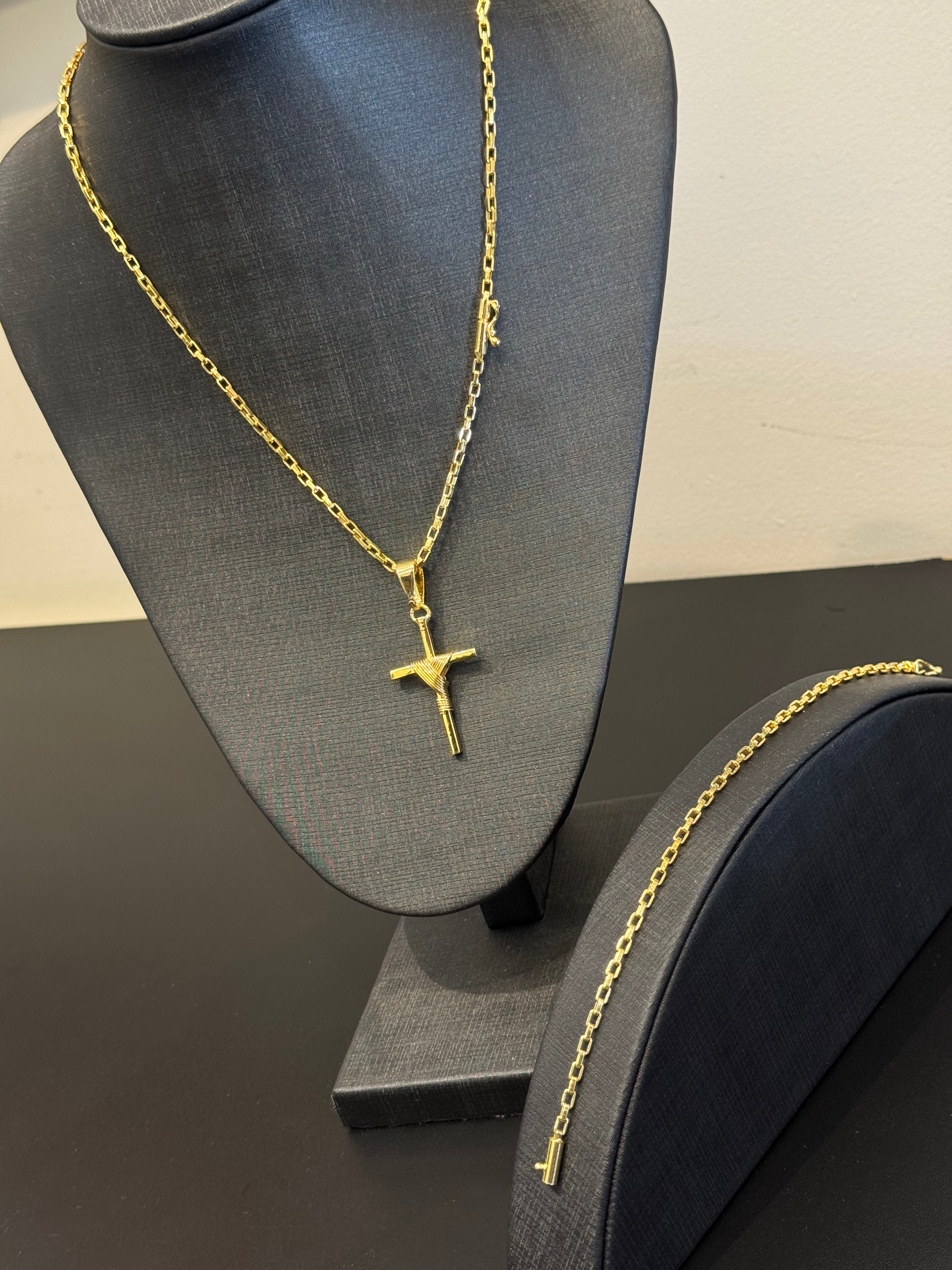 Kit Corrente e Pulseira Tijolinho Curta 3 mm – Banhado a Ouro 18K