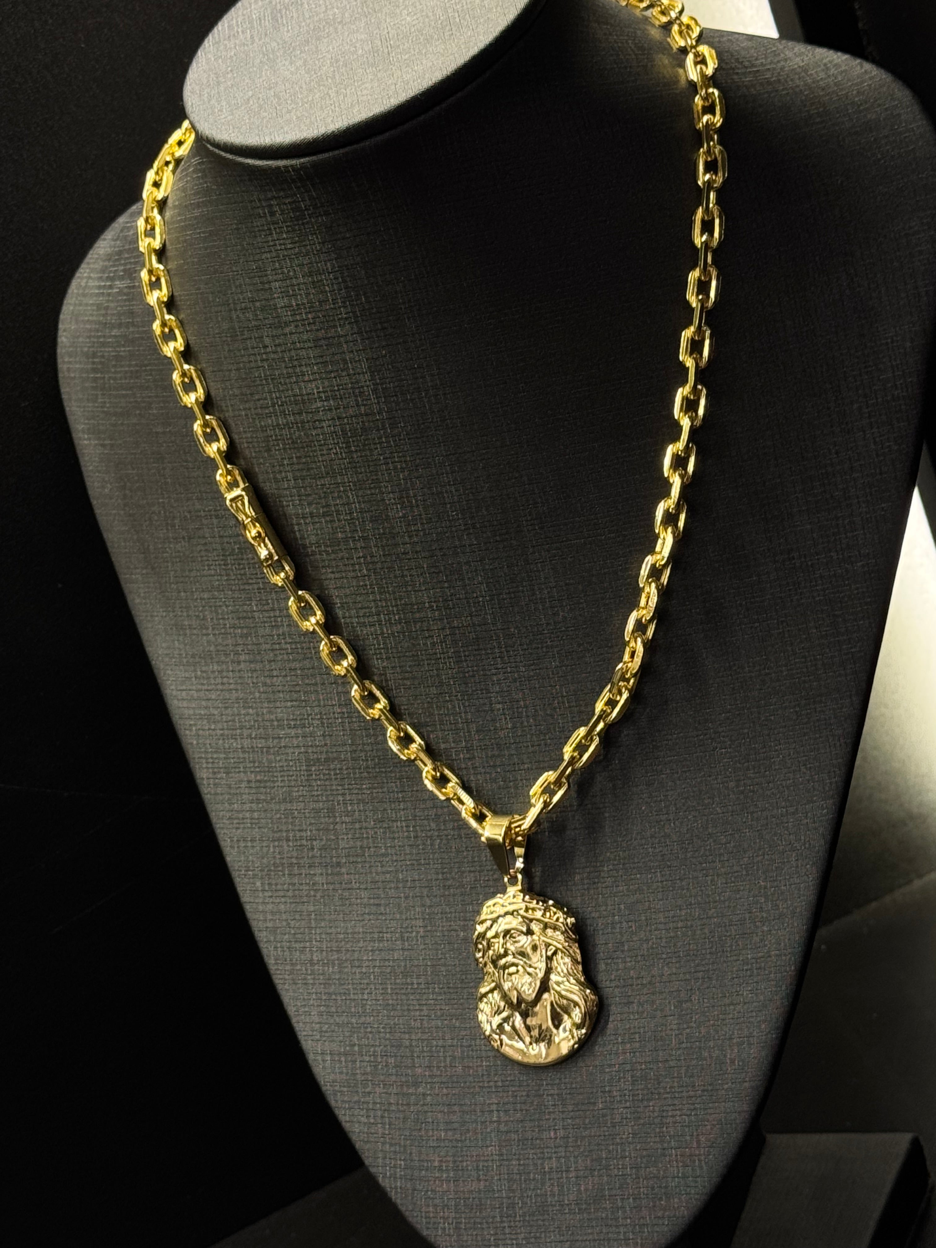 Corrente Cadeado 6mm + Pingente Rosto de Jesus Banhado a Ouro 18k | Fecho Canhão