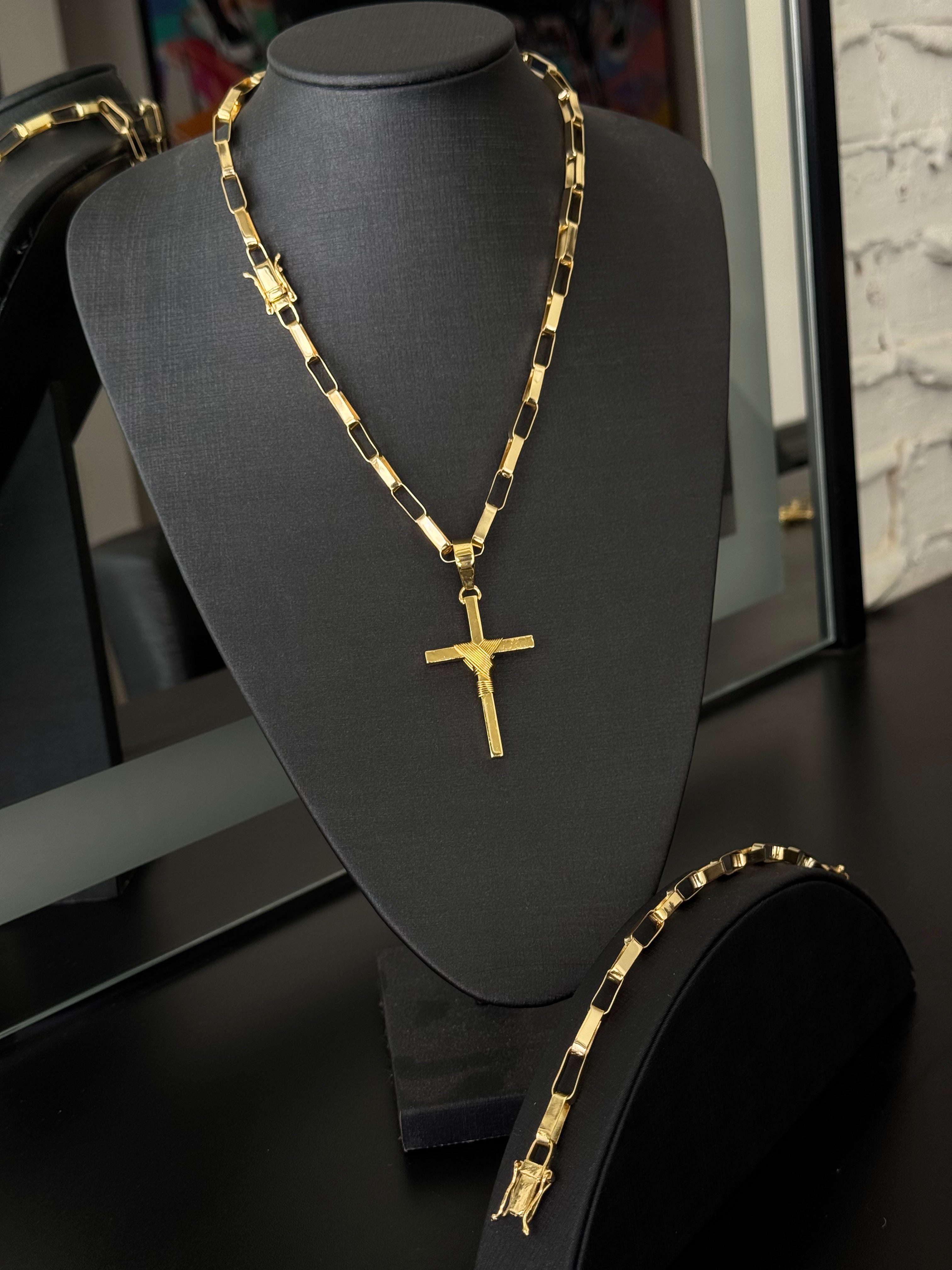 Kit Corrente e Pulseira Tijolinho 8 mm – Banhado a Ouro 18K