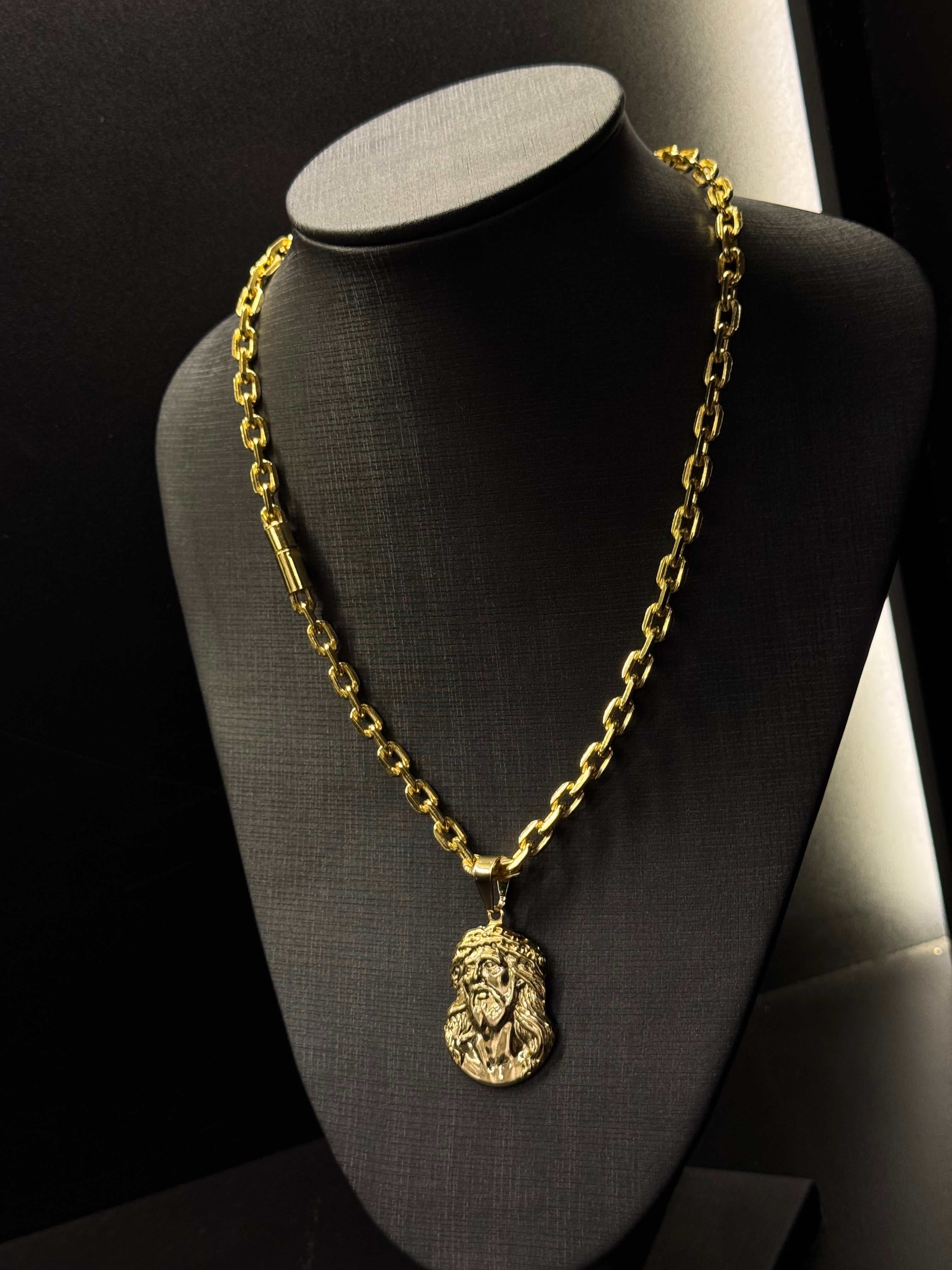 Corrente Cadeado 6mm + Pingente Rosto de Jesus Banhado a Ouro 18k | Fecho Canhão