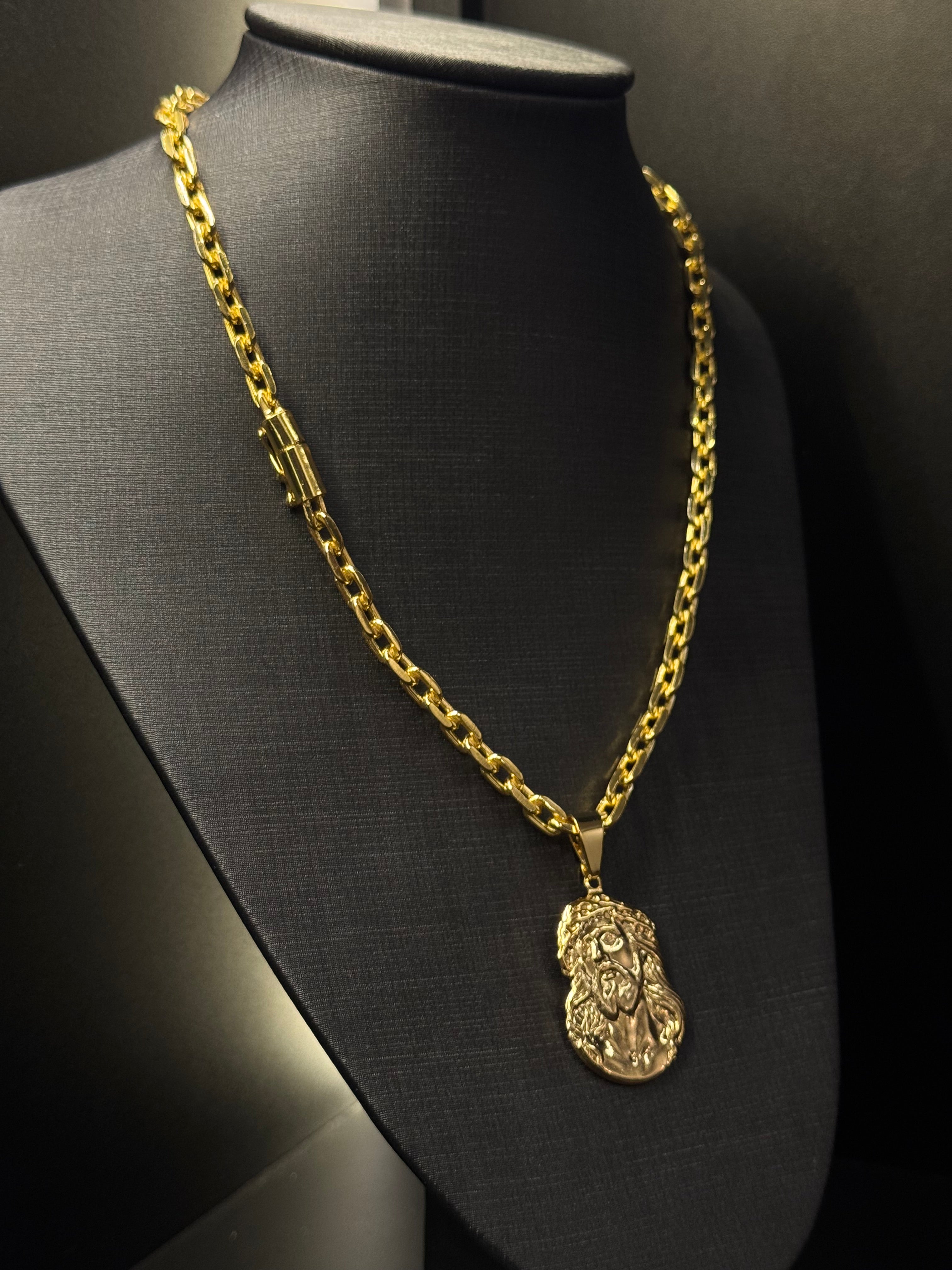Corrente Cadeado 6mm + Pingente Rosto de Jesus Banhado a Ouro 18k | Fecho Canhão
