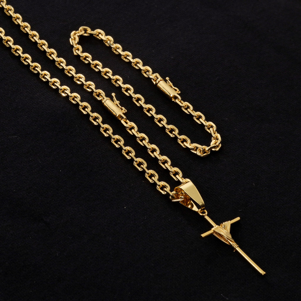 Kit Corrente e Pulseira Cadeado 4mm + Pingente Cruz Amarrada Banhado | Fecho Canhão